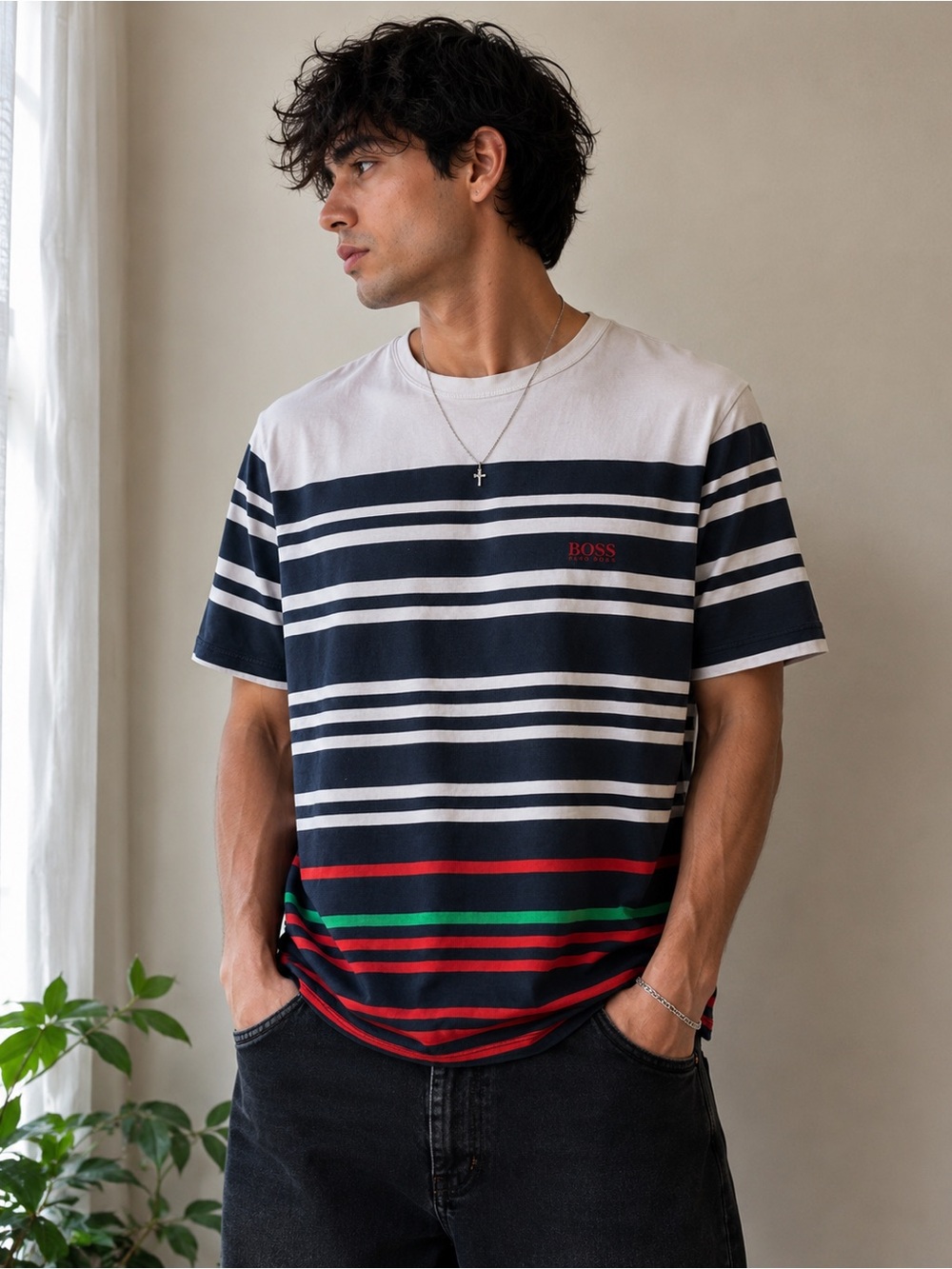 Boss Striped Crewneck Tee in Navy, White, Red & Green